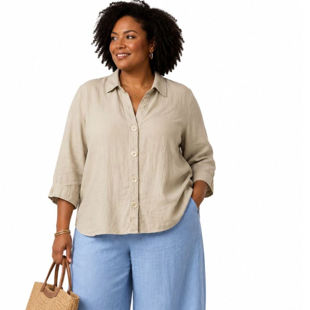 Ashley Stewart Tan Linen Blend Button Down Blouse Shirt Plus Size 18W 3/4 Sleeve